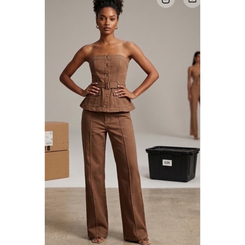 Solid Brown Set for Women 2 Tube Top Size L and Straight Leg Pants Size M